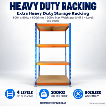 Extra Heavy Duty Storage Racking | 1800h x 900w x 600d mm | 300kg Max Weight per Shelf | 4 Levels