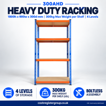 Extra Heavy Duty Storage Racking | 1800h x 900w x 300d mm | 300kg Max Weight per Shelf | 4 Levels